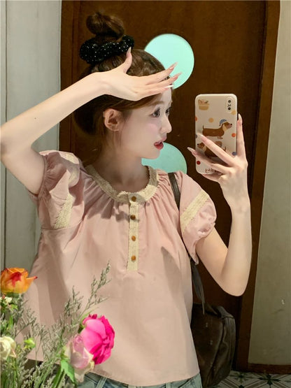 Puff-Sleeve Henley Lace Trim Blouse
