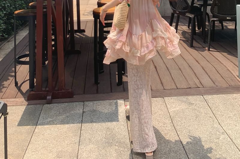 Gradient Ruffle Camisole Top with Elastic Waist Plain Lace Flared Pants