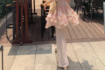 Gradient Ruffle Camisole Top with Elastic Waist Plain Lace Flared Pants