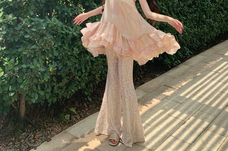 Gradient Ruffle Camisole Top with Elastic Waist Plain Lace Flared Pants