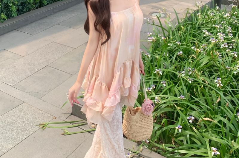 Gradient Ruffle Camisole Top with Elastic Waist Plain Lace Flared Pants