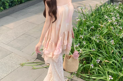 Gradient Ruffle Camisole Top with Elastic Waist Plain Lace Flared Pants