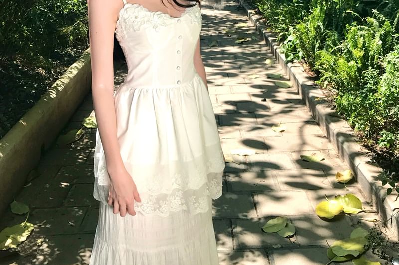 Spaghetti Strap V-Neck Plain Lace Camisole Top with High Rise Maxi A-Line Skirt