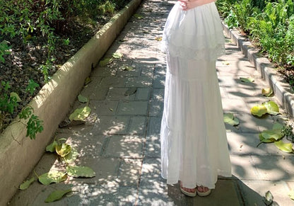 Spaghetti Strap V-Neck Plain Lace Camisole Top with High Rise Maxi A-Line Skirt