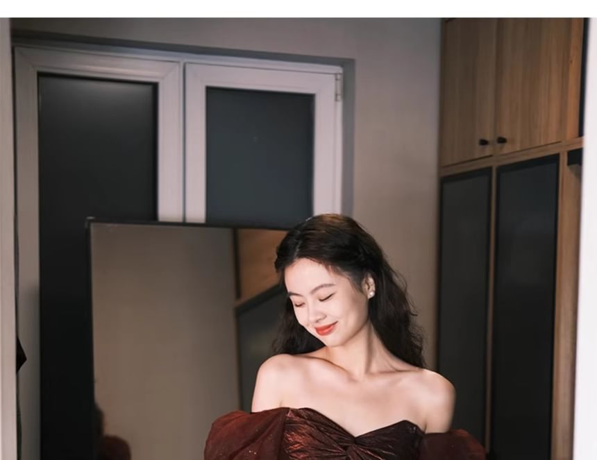 Off Shoulder Plain A-Line Evening Gown