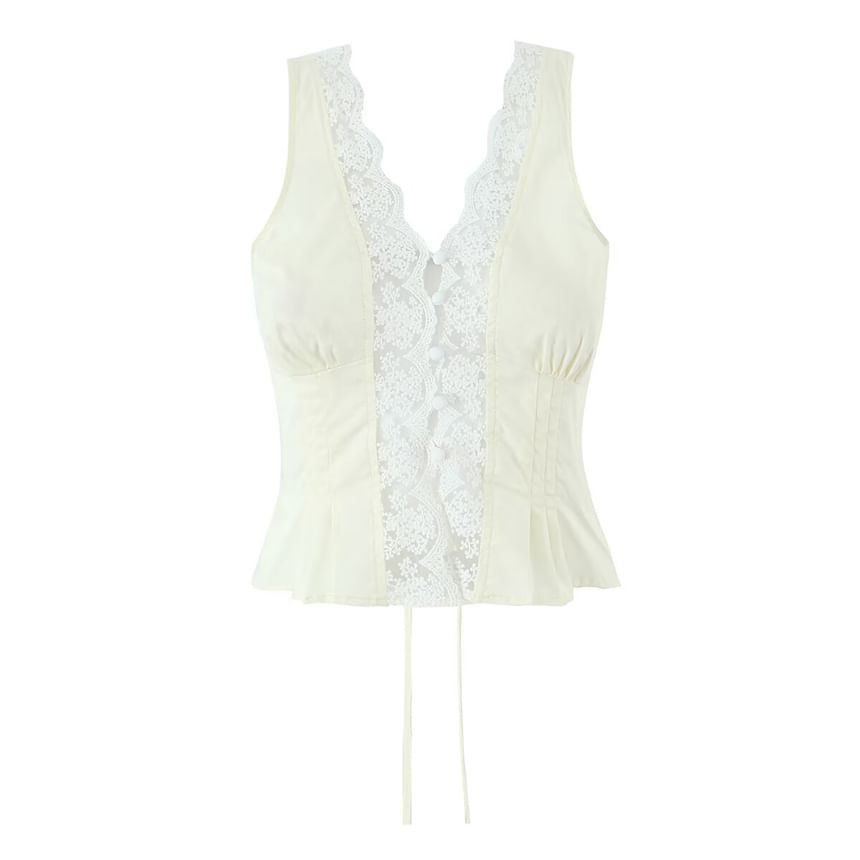 V-Neck Lace Panel Button-Up Crop Tank Top