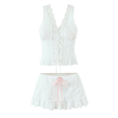 V-Neck Lace Panel Button-Up Crop Tank Top