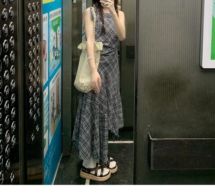 Dress Maxi Sleeveless A-Line Plaid Round Neck Asymmetrical