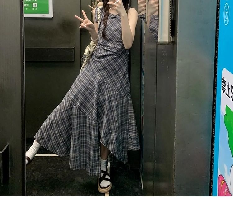 Dress Maxi Sleeveless A-Line Plaid Round Neck Asymmetrical
