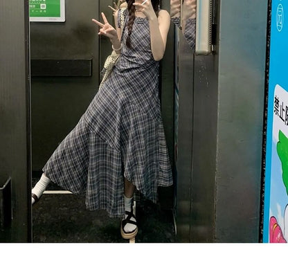 Dress Maxi Sleeveless A-Line Plaid Round Neck Asymmetrical