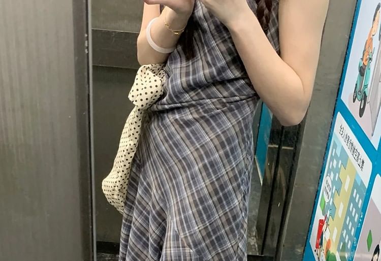 Dress Maxi Sleeveless A-Line Plaid Round Neck Asymmetrical