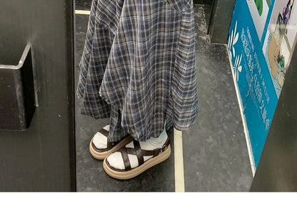 Dress Maxi Sleeveless A-Line Plaid Round Neck Asymmetrical