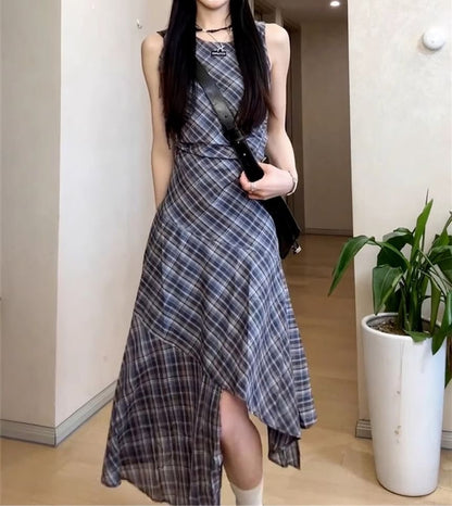 Dress Maxi Sleeveless A-Line Plaid Round Neck Asymmetrical
