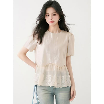 Short-Sleeve Crewneck Lace Top