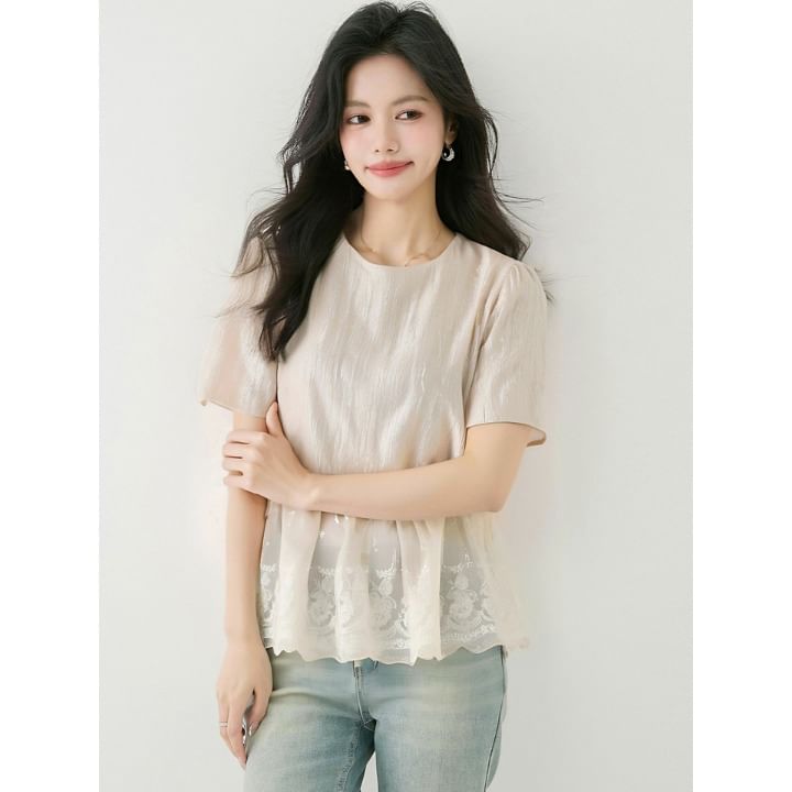 Short-Sleeve Crewneck Lace Top