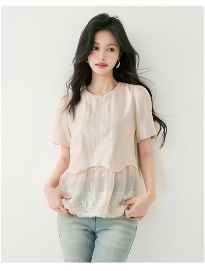 Short-Sleeve Crewneck Lace Top