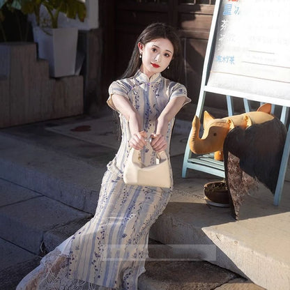 Short-Sleeve Floral Print Midi Qipao