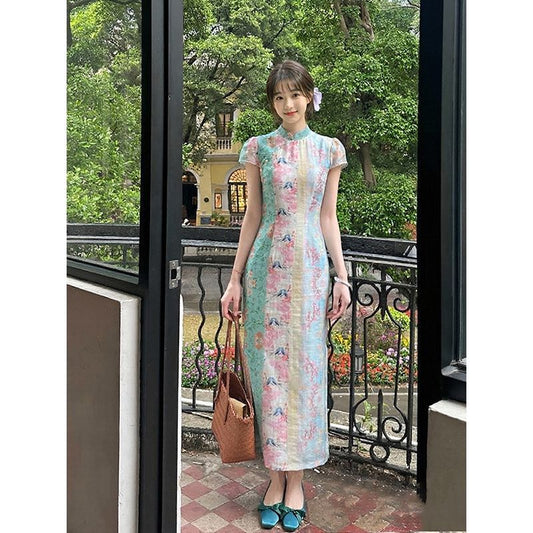 Short-Sleeve Floral Print Midi Qipao / High Waist Midi A-Line Lace Skirt