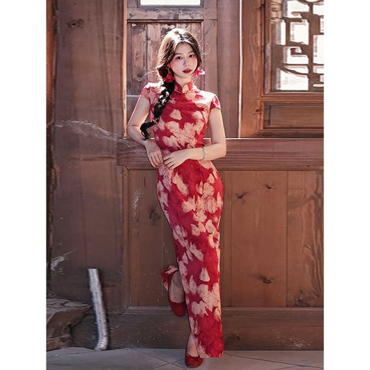 Short-Sleeve Floral Print Midi Qipao
