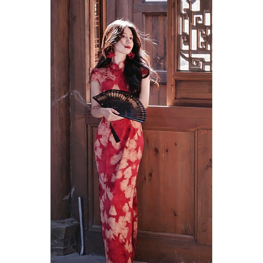 Short-Sleeve Floral Print Midi Qipao