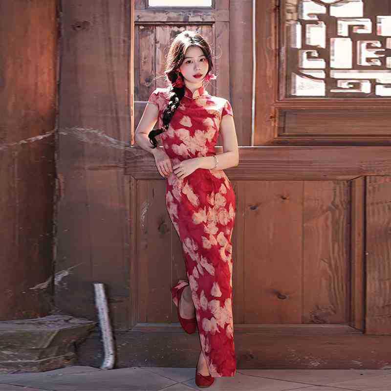 Short-Sleeve Floral Print Midi Qipao