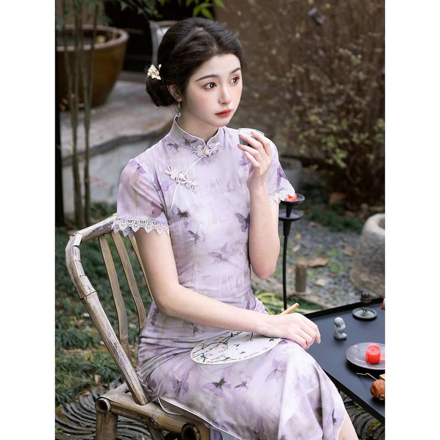 Short-Sleeve Butterfly Print Lace Trim Midi Qipao