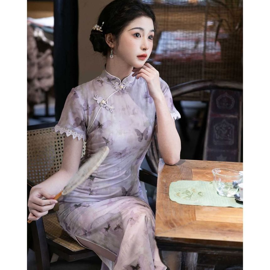 Short-Sleeve Butterfly Print Lace Trim Midi Qipao