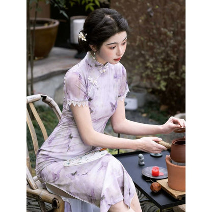Short-Sleeve Butterfly Print Lace Trim Midi Qipao