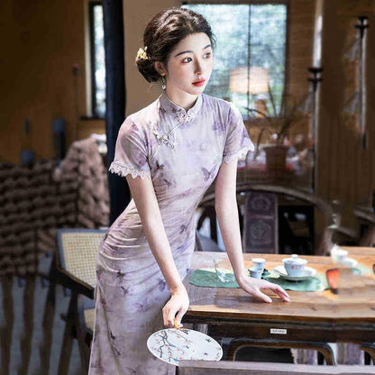 Short-Sleeve Butterfly Print Lace Trim Midi Qipao