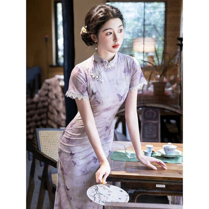 Short-Sleeve Butterfly Print Lace Trim Midi Qipao