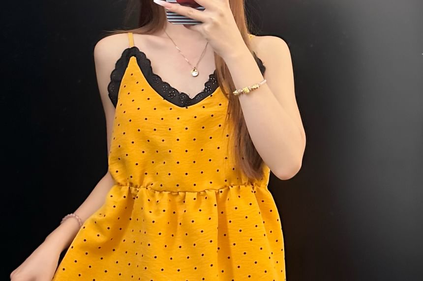 Pajama Set: V-Neck Dotted Lace Trim Camisole Top and Pants