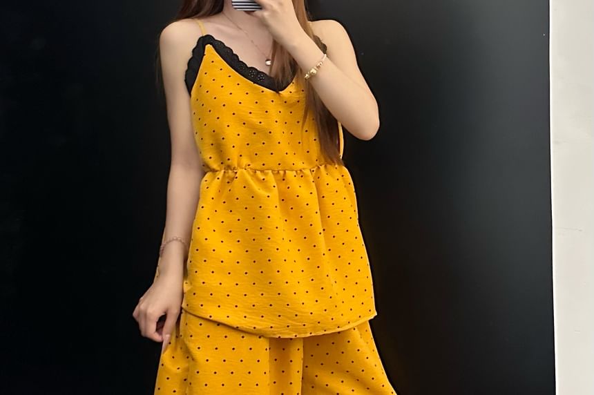 Pajama Set: V-Neck Dotted Lace Trim Camisole Top and Pants