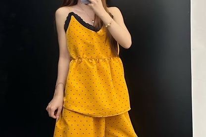 Pajama Set: V-Neck Dotted Lace Trim Camisole Top and Pants