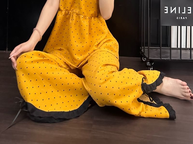 Pajama Set: V-Neck Dotted Lace Trim Camisole Top and Pants