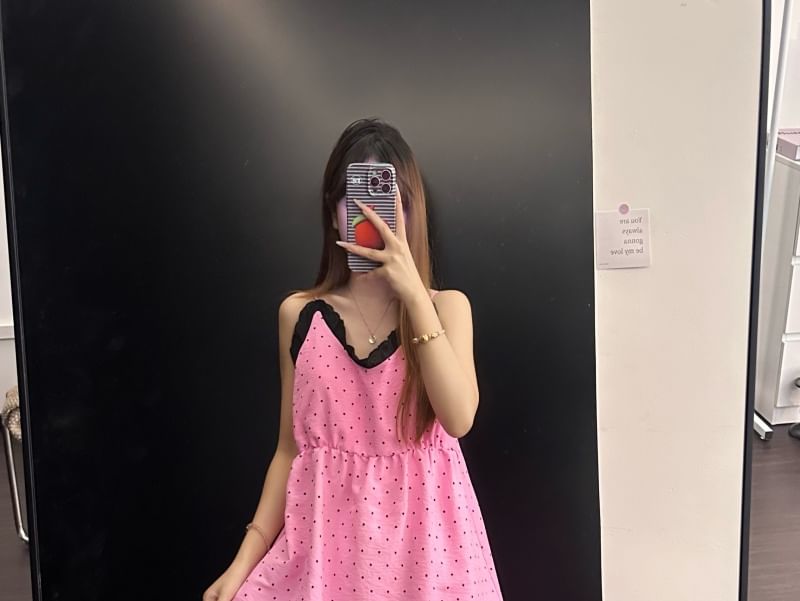 Pajama Set: V-Neck Dotted Lace Trim Camisole Top and Pants