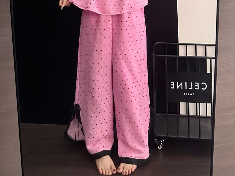 Pajama Set: V-Neck Dotted Lace Trim Camisole Top and Pants