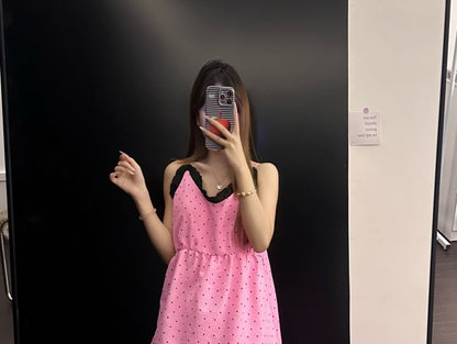 Pajama Set: V-Neck Dotted Lace Trim Camisole Top and Pants