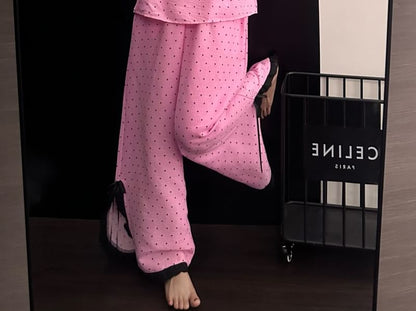 Pajama Set: V-Neck Dotted Lace Trim Camisole Top and Pants