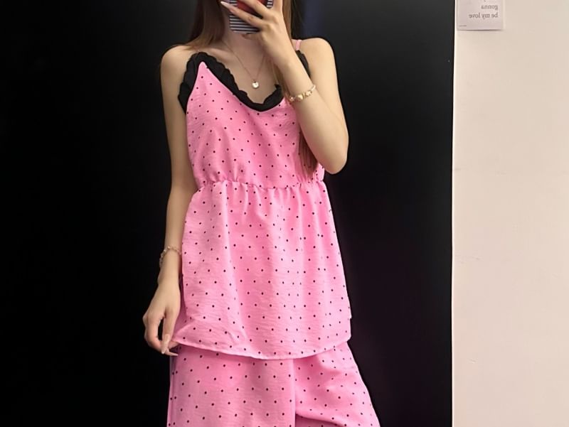 Pajama Set: V-Neck Dotted Lace Trim Camisole Top and Pants