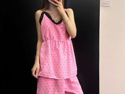 Pajama Set: V-Neck Dotted Lace Trim Camisole Top and Pants