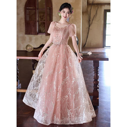 Short-Sleeve Sequin A-Line Evening Gown