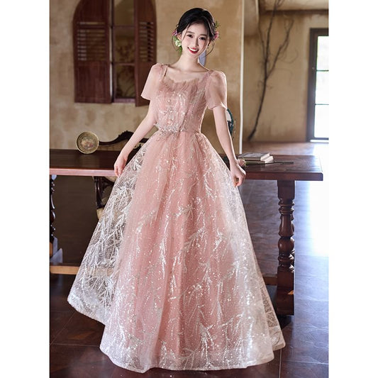 Short-Sleeve Sequin A-Line Evening Gown