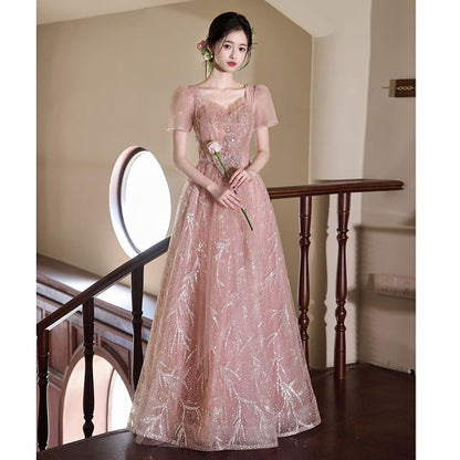 Short-Sleeve Sequin A-Line Evening Gown