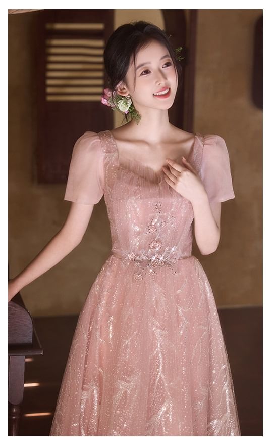Short-Sleeve Sequin A-Line Evening Gown