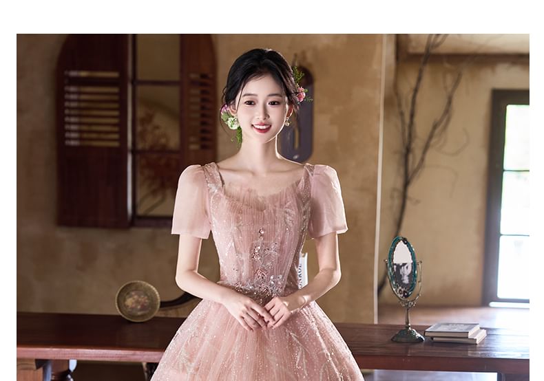Short-Sleeve Sequin A-Line Evening Gown