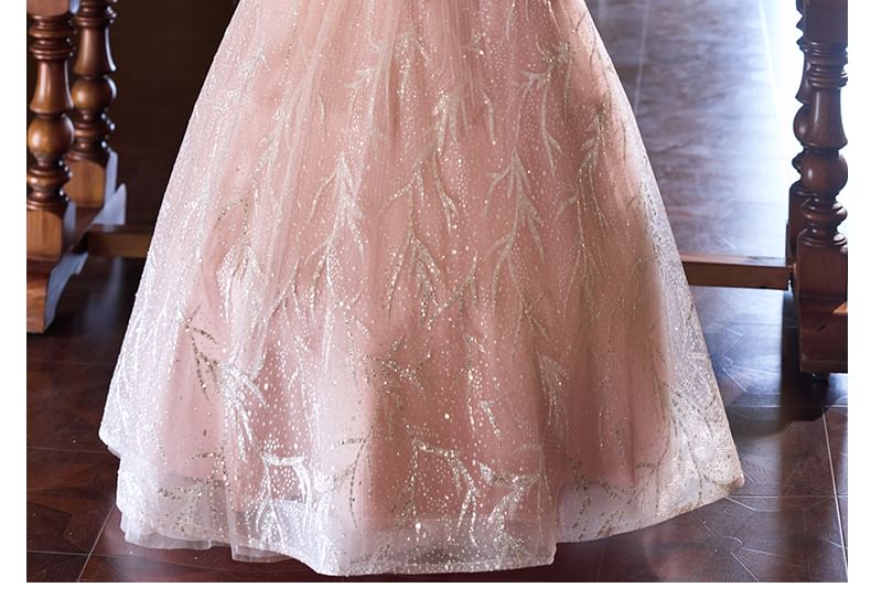 Short-Sleeve Sequin A-Line Evening Gown