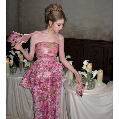 Strapless Floral Peplum Mermaid Evening Gown