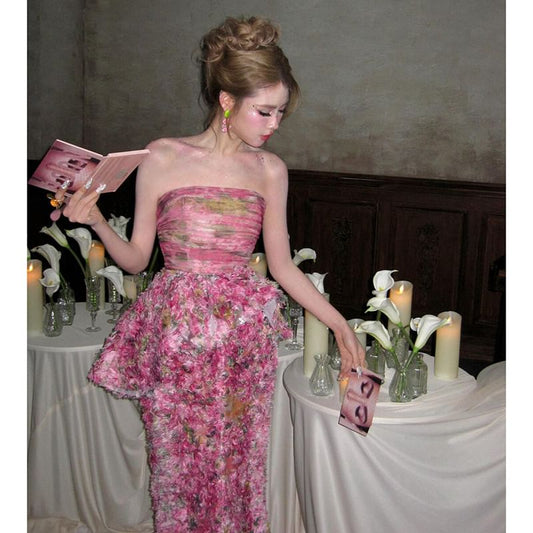 Strapless Floral Peplum Mermaid Evening Gown