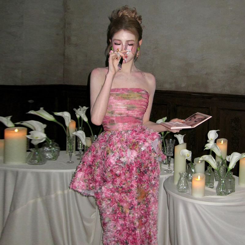 Strapless Floral Peplum Mermaid Evening Gown