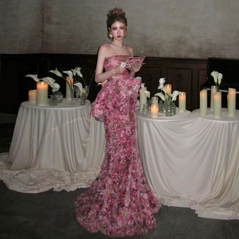 Strapless Floral Peplum Mermaid Evening Gown